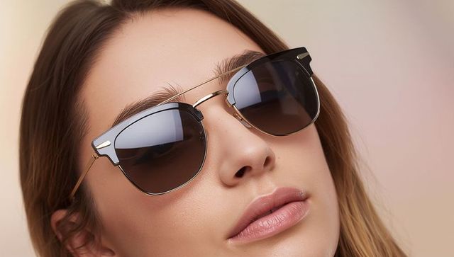 Close-up woman wearing metal double-bridge sunglasses tilting head up fashion portrait