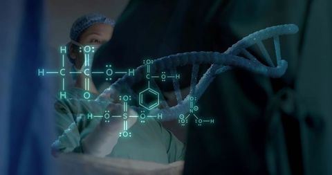Surgeons viewing holographic dna helix and chemical formulas during futuristic operation