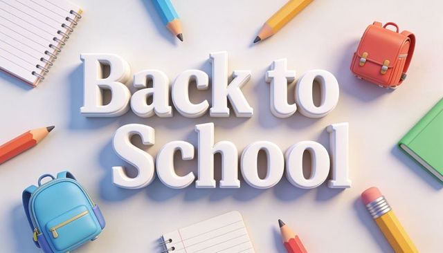 Back to school 3d typography with colorful pencils, notebooks and mini backpacks