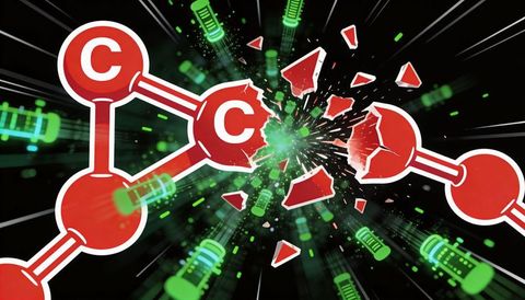 Exploding carbon chain breaking chemical bonds with shattered c nodes and neon particle surge