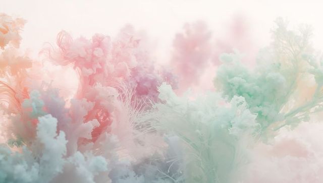 Pastel ink plumes and feathery filaments creating ethereal dreamlike mist