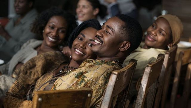 Smiling couple leaning back on worn wooden chairs during cozy community gathering