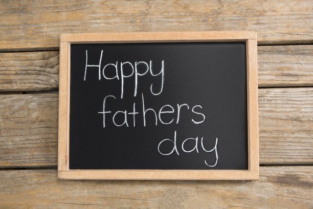 This image features a handwritten 'Happy Fathers Day' message on a chalkboard placed on a rustic wooden table. Ideal for use in Father's Day greeting cards, social media posts, blog articles, and promotional materials celebrating Father's Day.