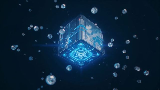 Futuristic neon-glow technology cube in abstract space