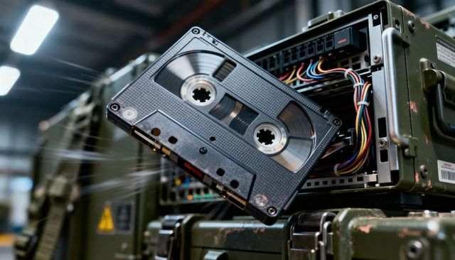 Cassette tape ejecting from rugged rack-mounted drive with exposed multicolor wiring