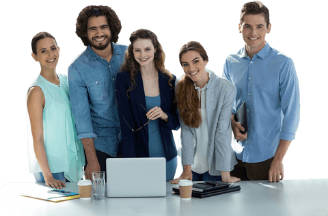 Smiling diverse colleagues standing at office table, transparent background