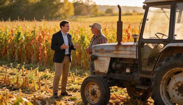 Business representative discussing farm operations with farmer beside tractor in cornfield