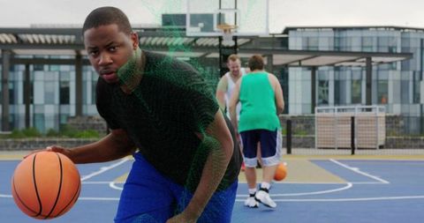 Competitive Rooftop Basketball Game in Urban Setting