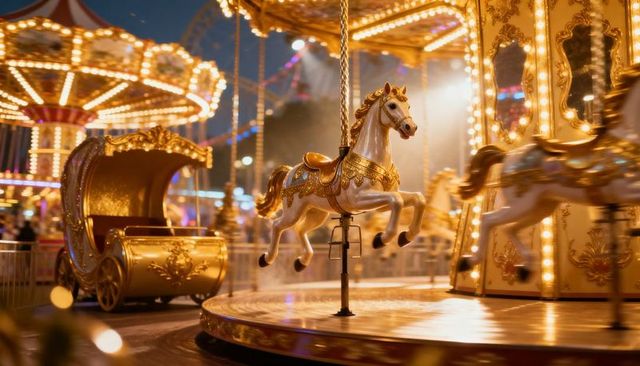 Ornate white carousel horse spinning on brass pole at night carnival with gold carriage