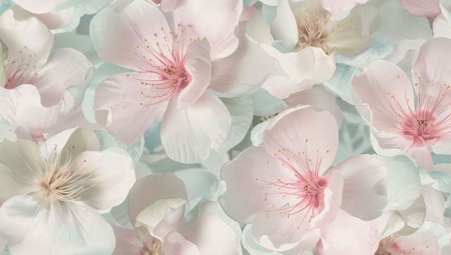 Dreamy pastel cherry blossom macro background — delicate pink white floral seamless