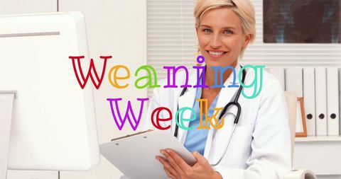 Smiling Female Doctor Promotes Weaning Week With Colorful Text