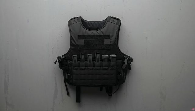 Black tactical plate carrier vest with molle and magazine pouches