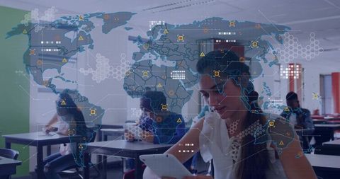 High school student using tablet in classroom with global digital network overlay