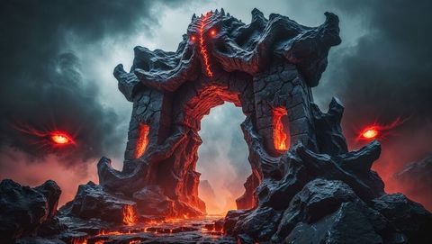 Eerie demonic stone arch over fiery volcanic terrain