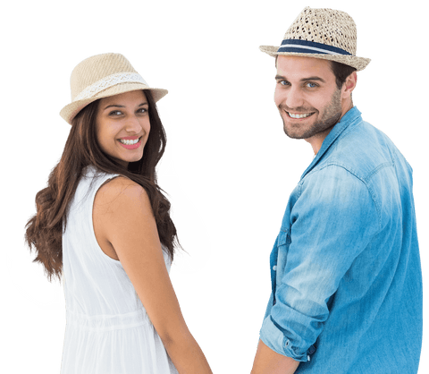 Couple in Straw Hats Glancing Back on Transparent Background