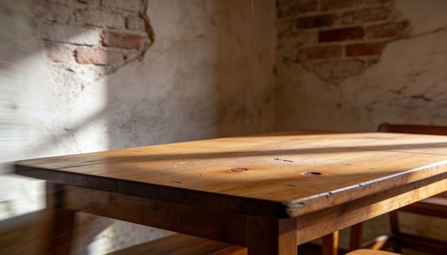 Sunlit rustic wooden table highlighting knots and patina against weathered plaster brick