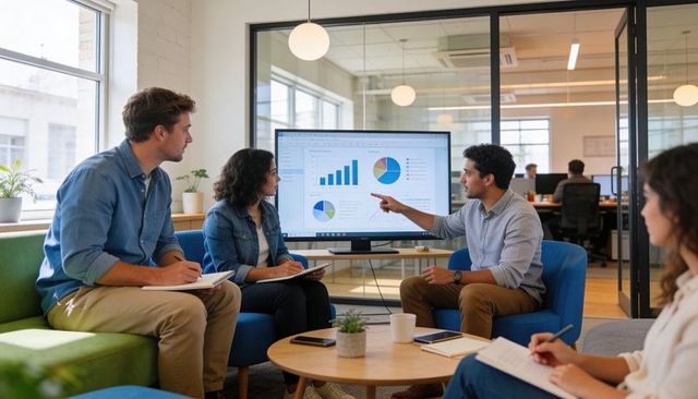 Startup team collaborating around screen showing business charts and pie graphs in office lounge