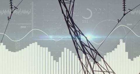 Steel transmission tower with data overlays on gradient sky