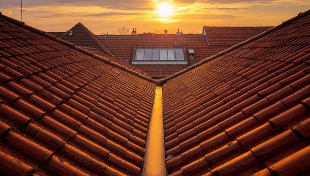 Golden-hour Rooftop Valley Reflecting Sunlight on Red Clay Tiles with Symmetrical Lines