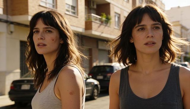 Two women standing on sunlit street in gray tanks showing arm marks, urban residential scene