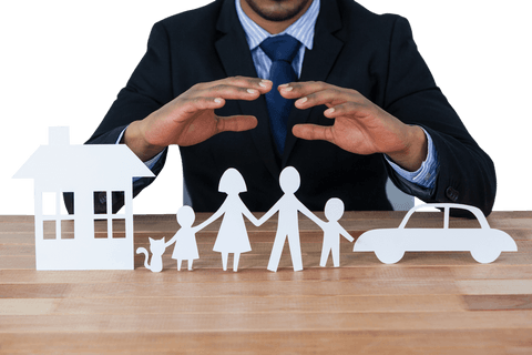 Transparent paper family protected by businessman's hands