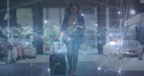 Businesswoman Traveling Amidst Digital Cloud Data Overlay