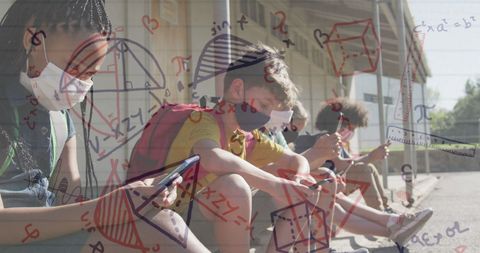 Masked students using smartphones with math overlay