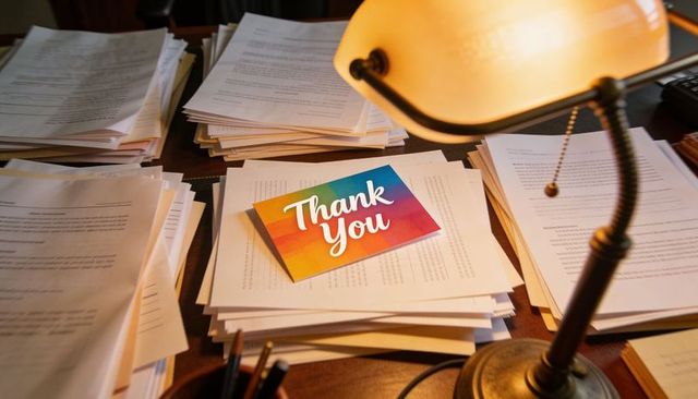 Rainbow thank you card resting on document stacks beside brass desk lamp with warm glow