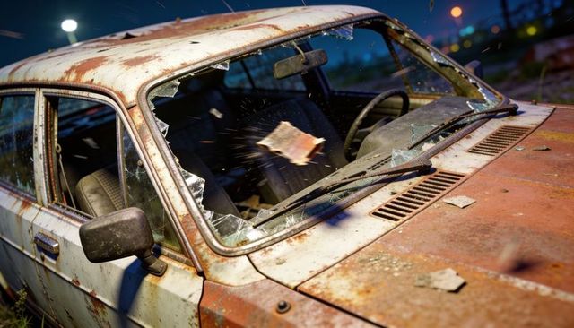 Rusting 4-door sedan with shattered windshield in nighttime vacant lot, close-up grunge