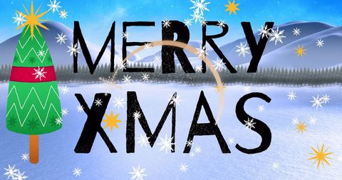 Festive merry xmas message with snowfall and winter scene