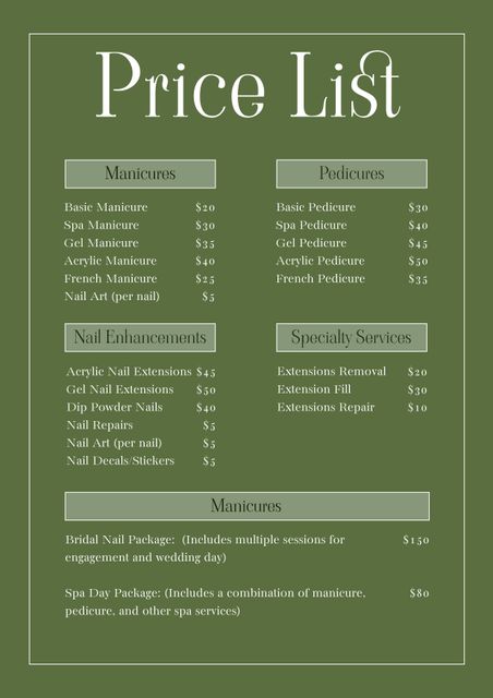 This elegant price list template showcases various spa and salon services against a soothing green backdrop. Detailing services like manicures, pedicures, nail enhancements, and specialty treatments, it is an ideal addition for spas, salons, and wellness centers. The list is clearly organized, making it easy for clients to view and select services. This template is perfect for printing or sharing digitally, ensuring that businesses provide a refined, professional impression to their clients.