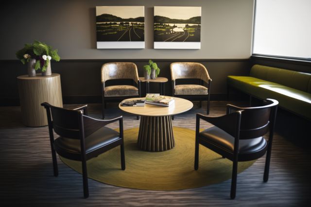 Bright, modern waiting room featuring comfortable chairs, stylish round table, and decorative paintings on the wall. Suitable for use in medical offices, corporate lobbies, reception areas, or any business needing to depict a professional and inviting space.