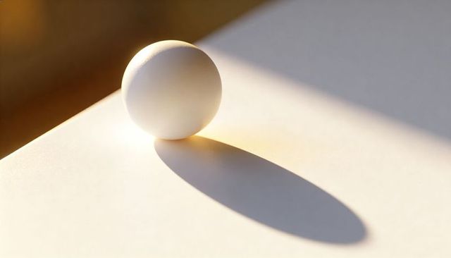 White Sphere Casting Long Shadow on Minimalist White Surface under Warm Light