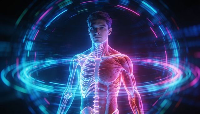 Futuristic holographic male anatomy split skeleton and muscle neon cyberpunk visualization