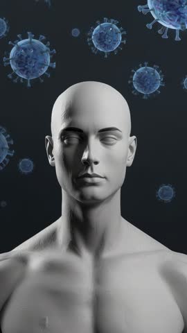 Rotating marble bust revealing left profile with floating virus models vertical loop