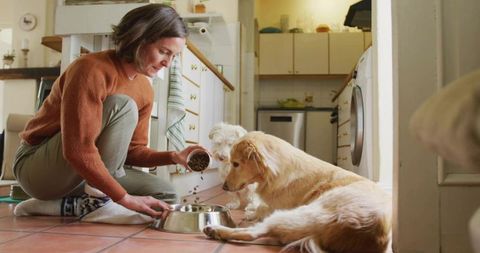 Woman Feeding Dogs in Cozy Kitchen Setting