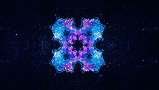 Pulsing Neon Blue Violet Fractal Mandala Hovering Over Dark Void Symmetrical Kaleidoscope