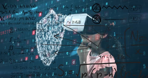 Young Girl Exploring Virtual World with Mathematical Overlays