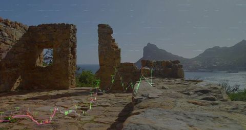 Ancient coastal ruins blending with financial candlestick chart overlay overlooking bay