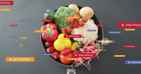 Fresh Vegetables in Pan with Social Media Notifications Overlay