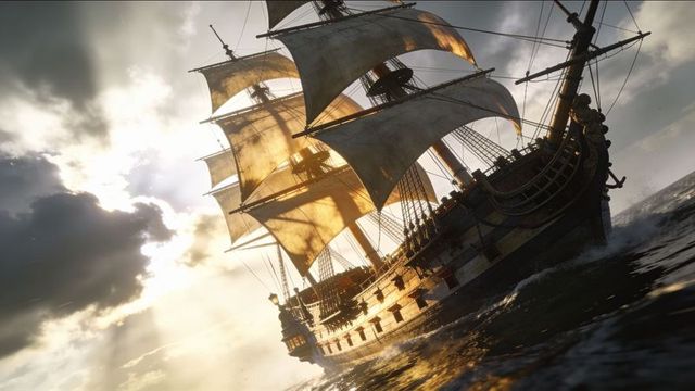 Three-masted galleon sailing at golden hour, backlit square sails filling, dramatic seas