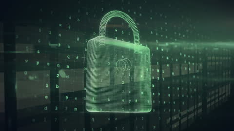 Digital Padlock Representing Cybersecurity in Green Matrix