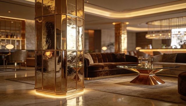 Opulent hotel lounge with polished gold column, velvet sofa, glass coffee table, chandelier