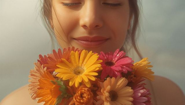 Serene Woman with Vibrant Gerbera Daisies and Chrysanthemums