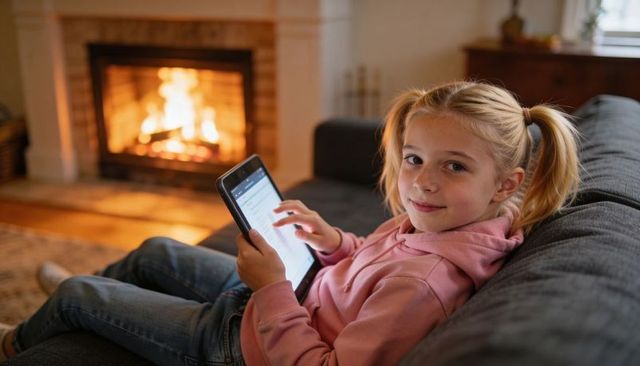 Tween girl using tablet on sofa by fireplace, cozy evening learning and relaxing