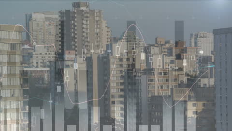 Digital Data Graphics Overlaying Cityscape of Tall Buildings