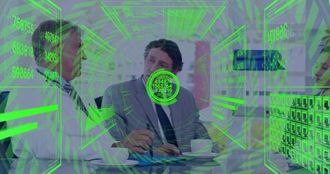 Business Leaders Reviewing Augmented Reality Data Dashboard in Modern Boardroom