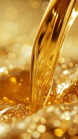 Pouring Golden Liquid Creating Sparkling Foam and Bokeh Highlights in Vertical Slow-Motion Video