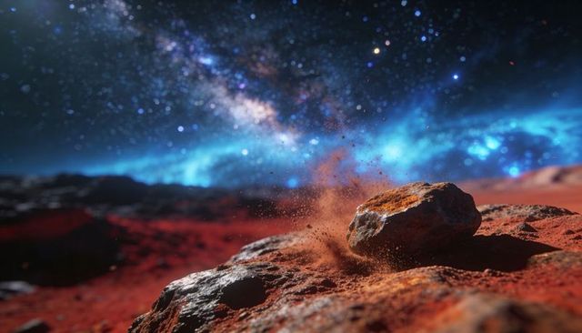 Mars-like red desert landscape with rolling boulder kicking up rusty dust under milky way night sky