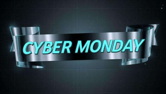 Futuristic chrome ribbon banner with neon cyan cyber monday text on dark tech grid